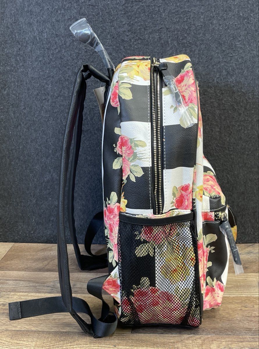 Betsey Johnson Black White Striped Rose Floral Faux Leather Backpack NWT