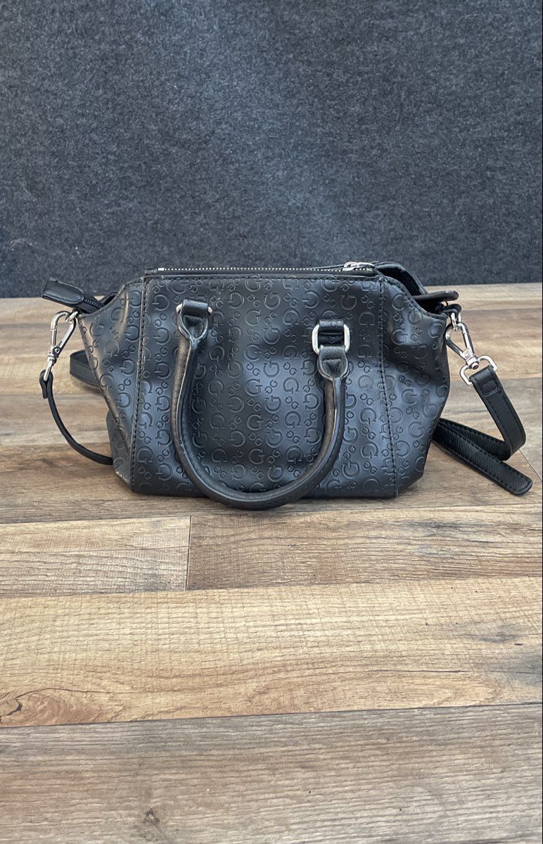 Guess Black Embossed Logo Satchel Handbag Crossbody Silver Hardware