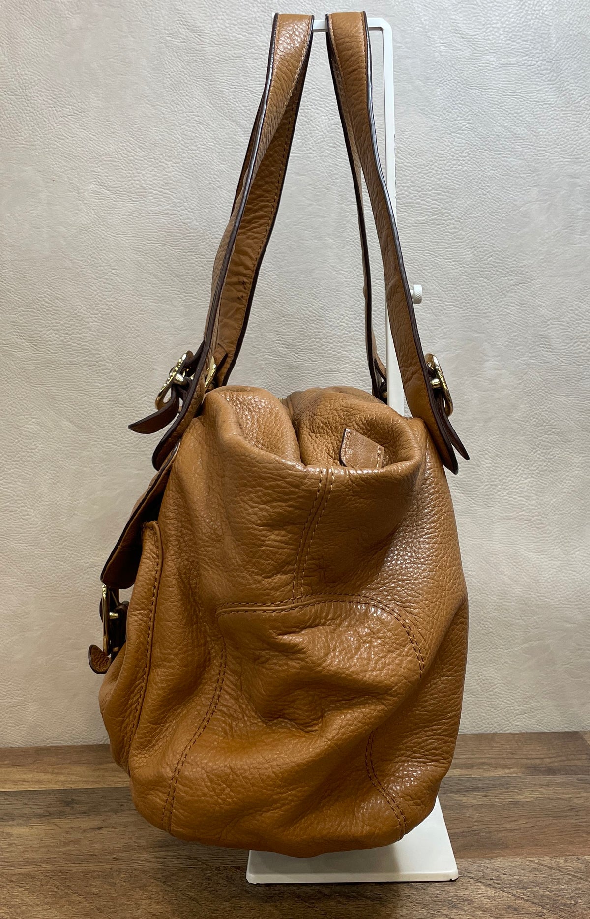 Michael Kors Tan Pebbled Leather Shoulder Bag Large Gold Buckle Detail