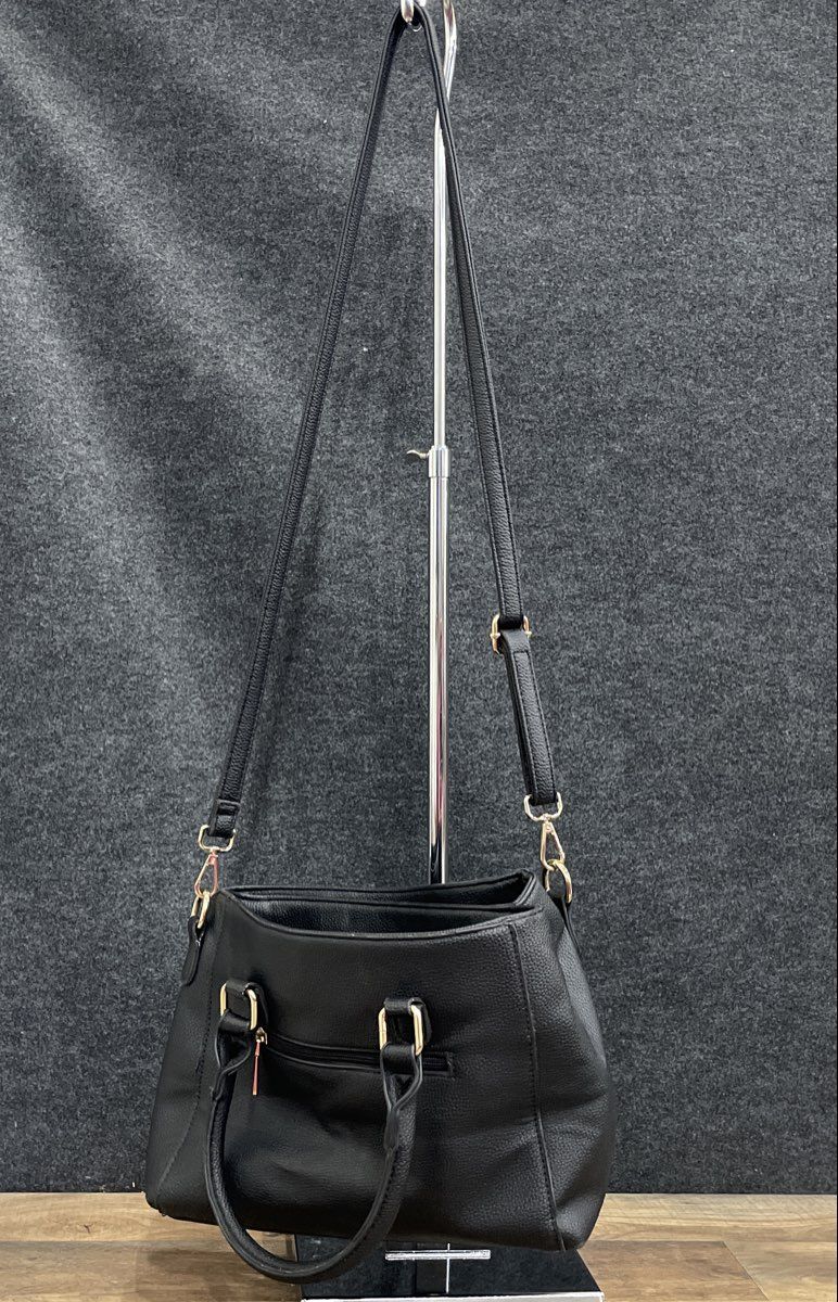 Black Leather Woven Detail Satchel Shoulder Bag Crossbody Gold Hardware