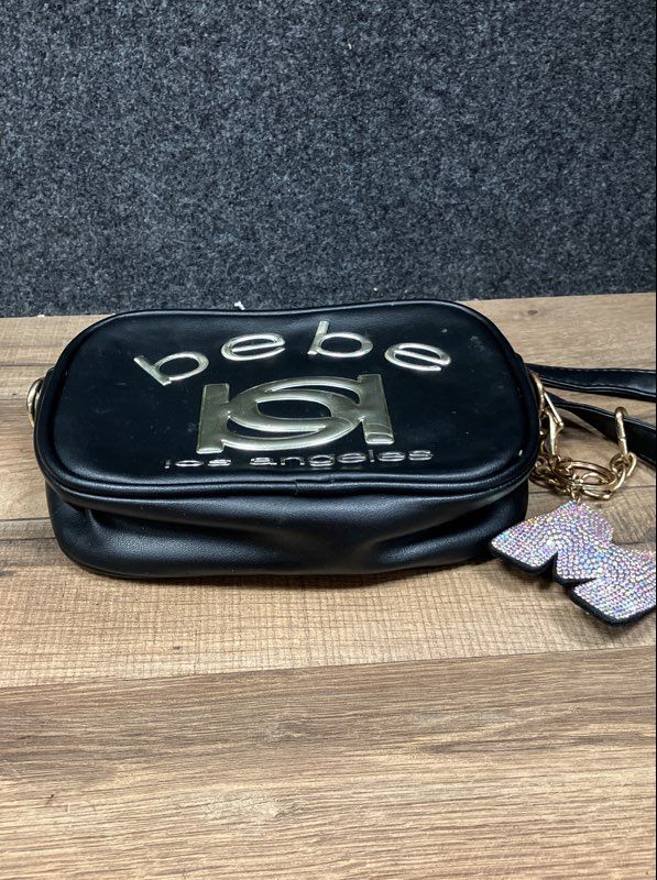 bebe Black Faux Leather Camera Crossbody Bag Gold Logo Rhinestone Charm
