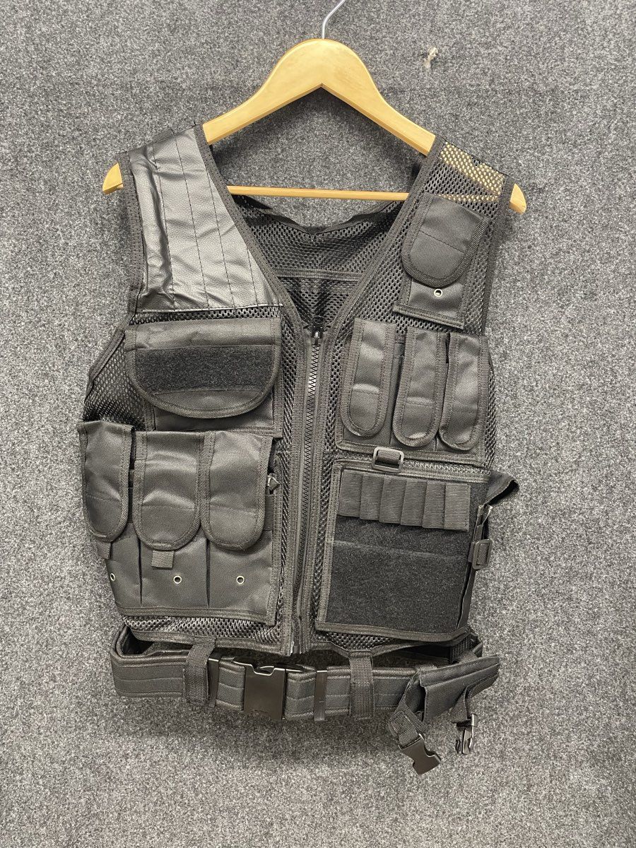 Men's Black Adjustable Tactical Mesh Utility Vest with Pouches & Duty Belt
