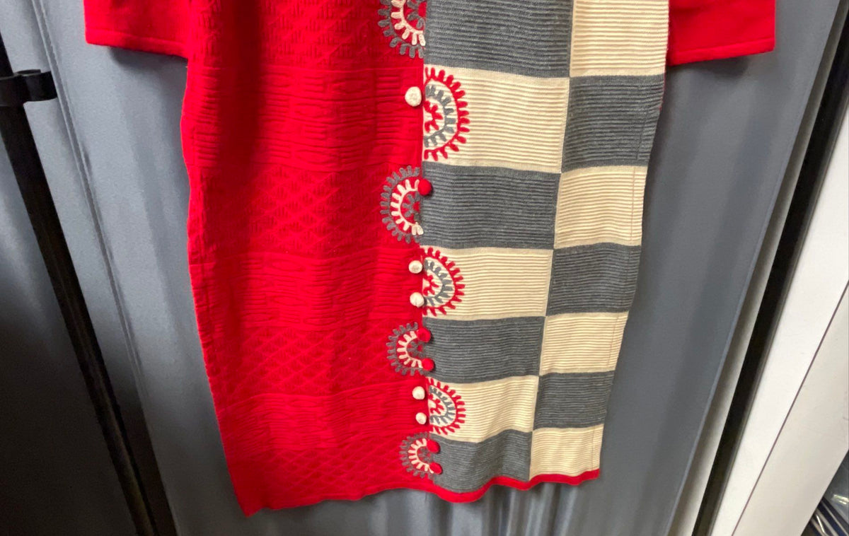 Elisia Women's Red Grey White Colorblock Checkered Knit Sweater Dress Sz M