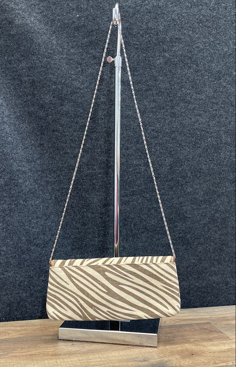 Zebra Pattern Brown and Cream Fabric Clutch Shoulder Bag Silver Chain Strap