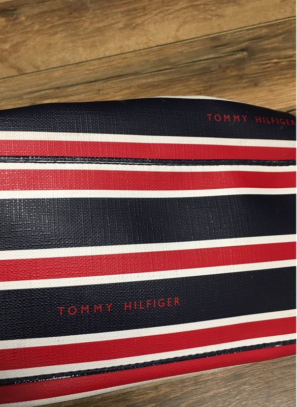 Tommy Hilfiger Navy Red White Striped Saffiano Satchel Handbag Gold Hardware