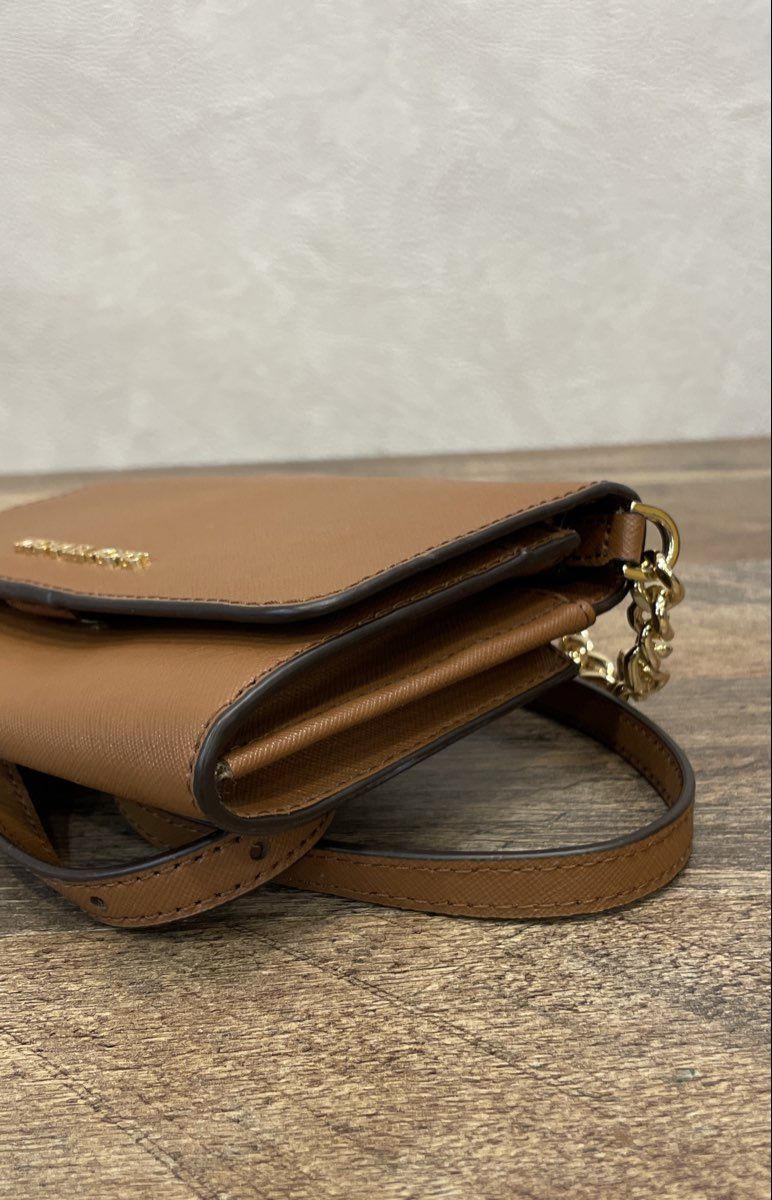 Michael Kors Brown Saffiano Leather Crossbody Bag Gold Hardware Wallet on Chain