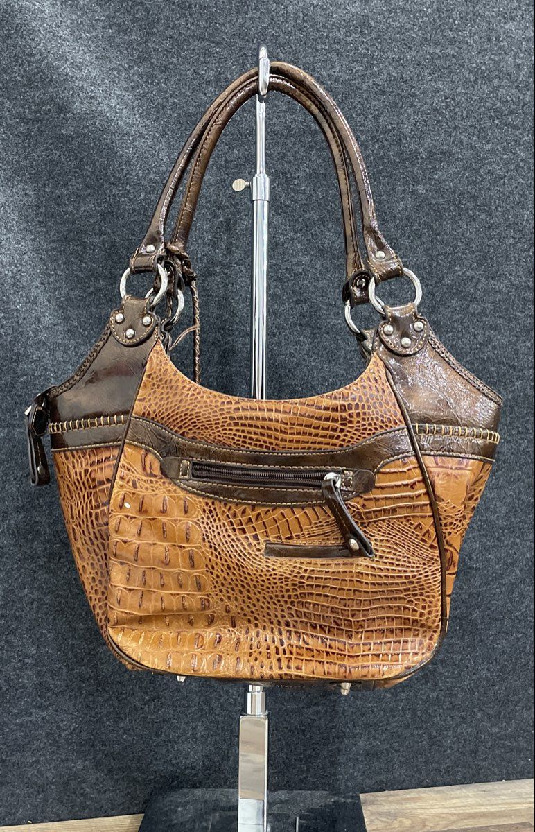 Madi Claire Brown Croc Embossed Leather Shoulder Bag Tassel Silver Hardware