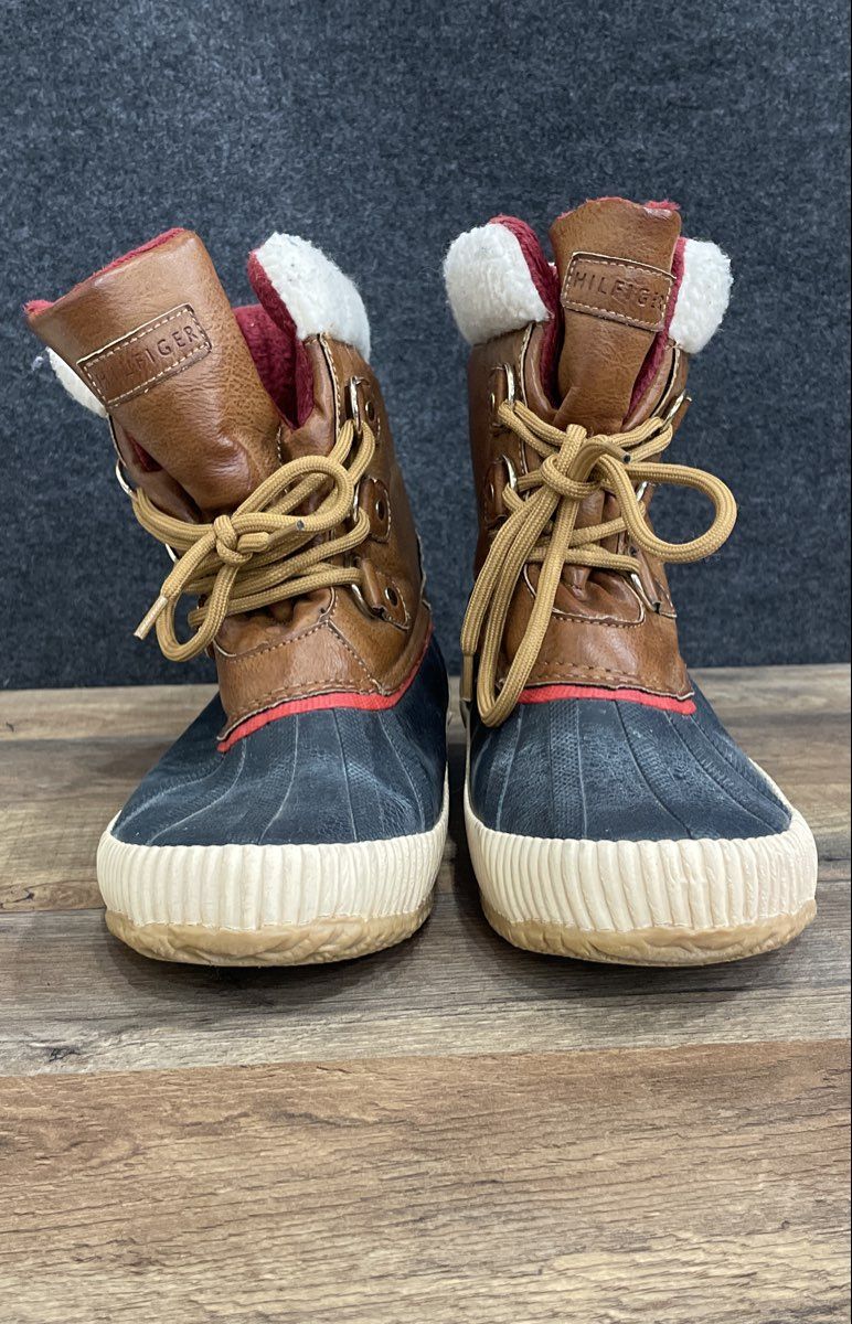 Tommy Hilfiger Faux Sherpa Lined Duck Boots Brown Navy Red Size 8