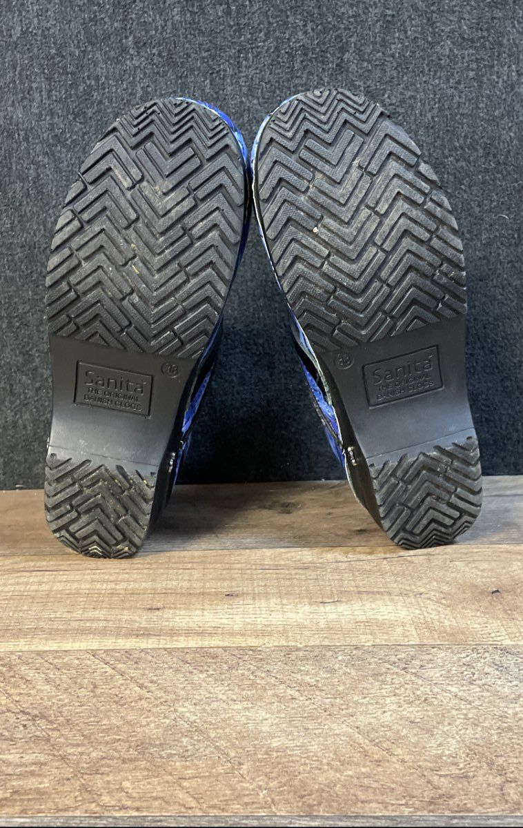 Sanita Koi Professional Blue Abstract Swirl Leather Clogs Women's Size 38