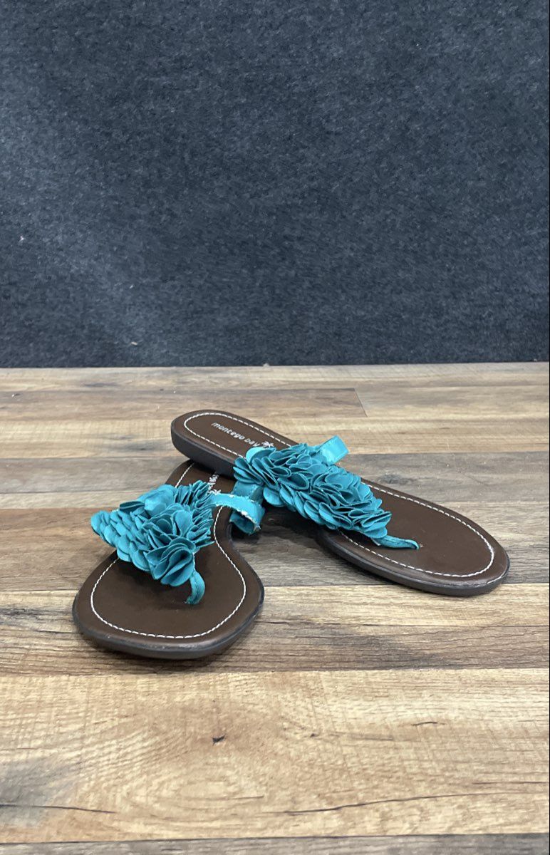 Montego Bay Club Teal Blue Ruffle Petal Slip On Slide Sandals Women's Size 8.5