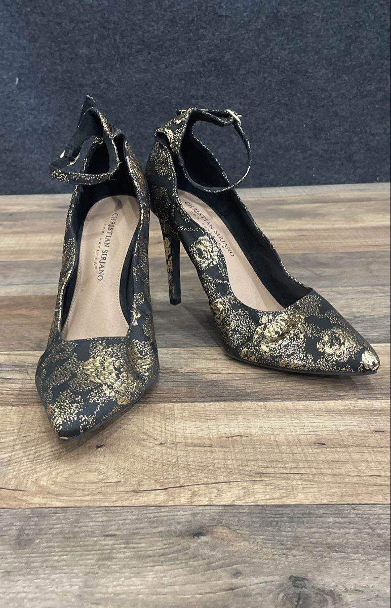 Christian Siriano for Payless Black Gold Floral Ankle Strap Pumps Size 7.5W