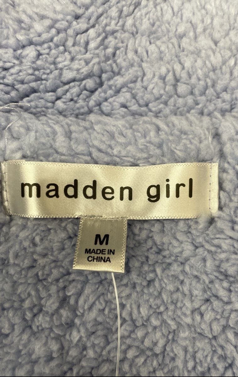 Madden Girl Juniors Hooded Puffer Vest Frozen Peri Blue Sherpa Lined Cali Sz M