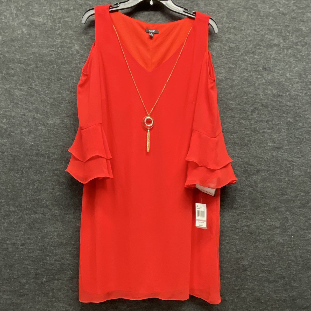 MSK Women's Red Cold Shoulder Ruffle Sleeve Dress Style Setter Necklace 10 NWT