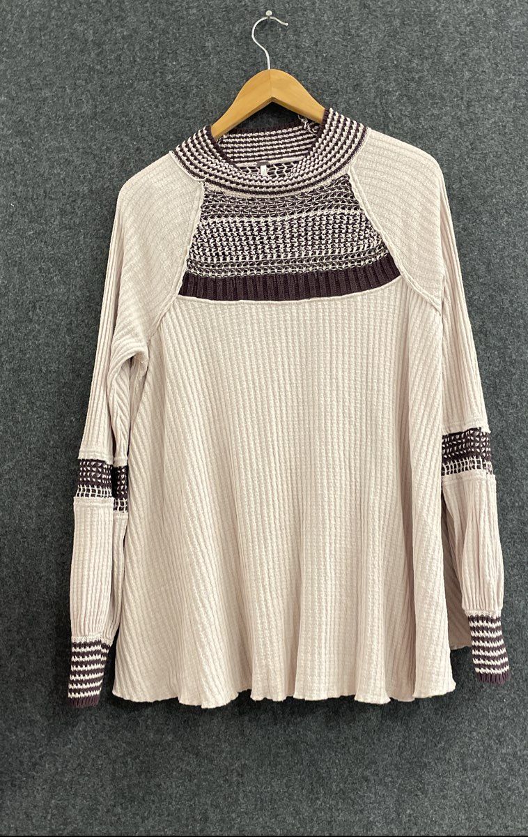 Free People Women's Snow Day Top Beige Purple Waffle Knit Crochet Yoke Sz M