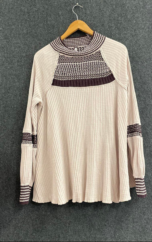 Free People Women's Snow Day Top Beige Purple Waffle Knit Crochet Yoke Sz M