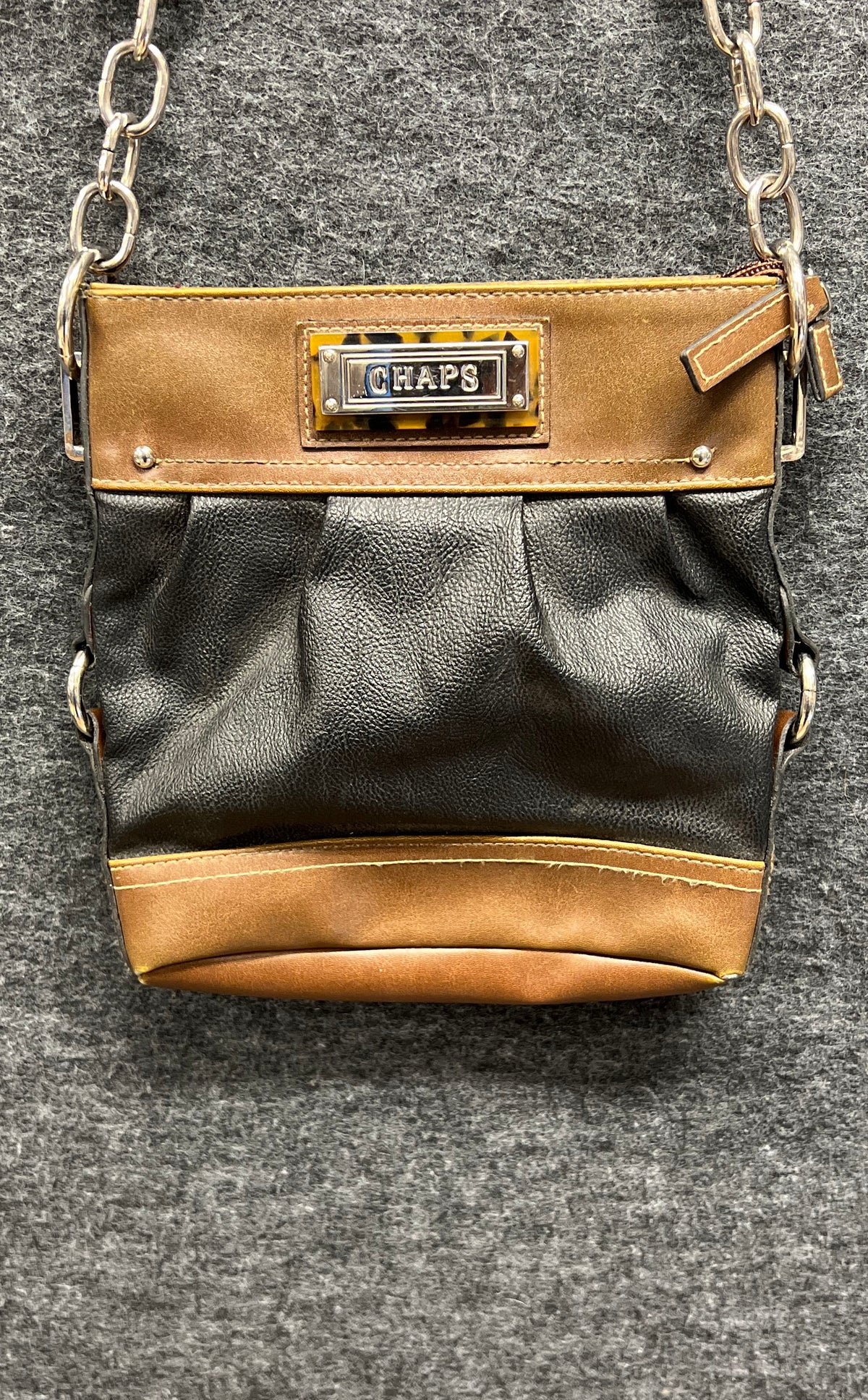 Chaps Black Brown Pleated Crossbody Bag Chain Strap Shoulder Purse
