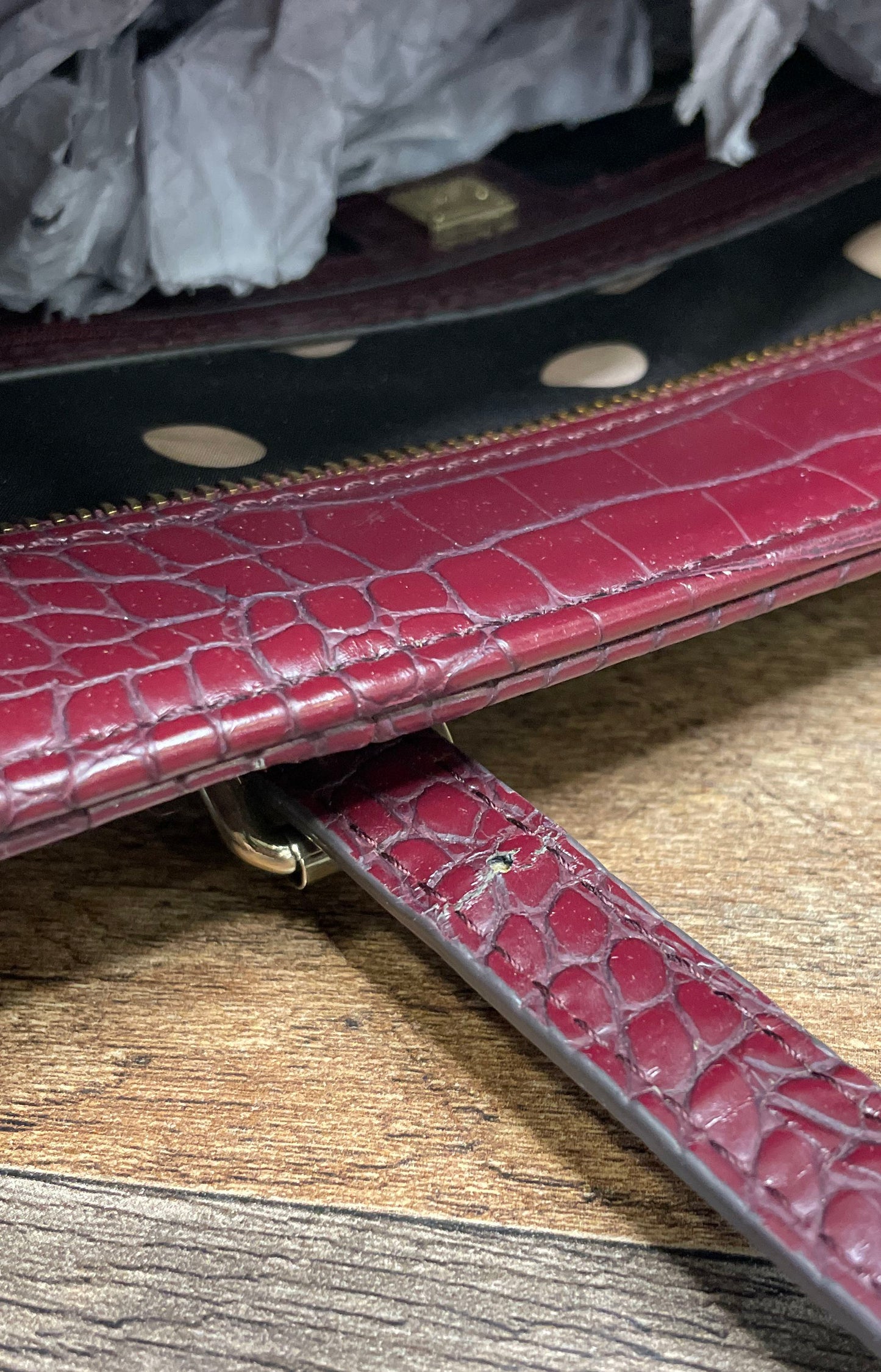 Anne Klein Burgundy Croco Embossed Faux Leather Shoulder Tote Bag Gold Tone