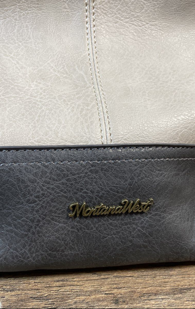 Montana West Grey Cream PU Leather Shoulder Bag Hobo Purse NWT Brass Hardware