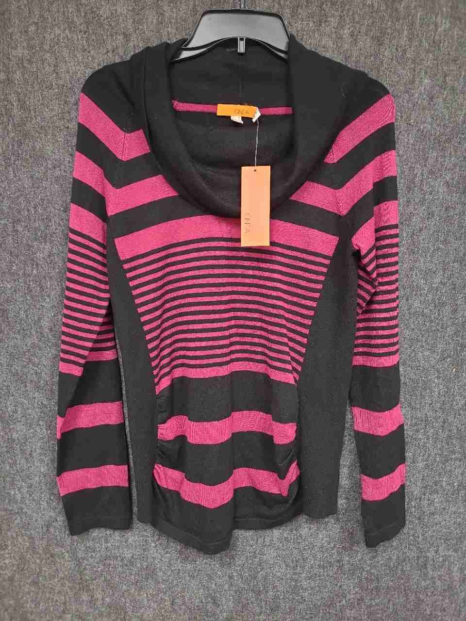 One A Women's Cowl Neck Sweater Black Punkberry Pink Striped Ruched NWT Sz M
