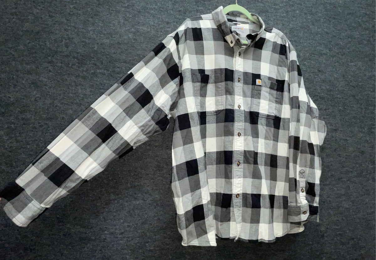 Carhartt Men's Relaxed Fit Long Sleeve Plaid Button Front Shirt Gray Black 3XL