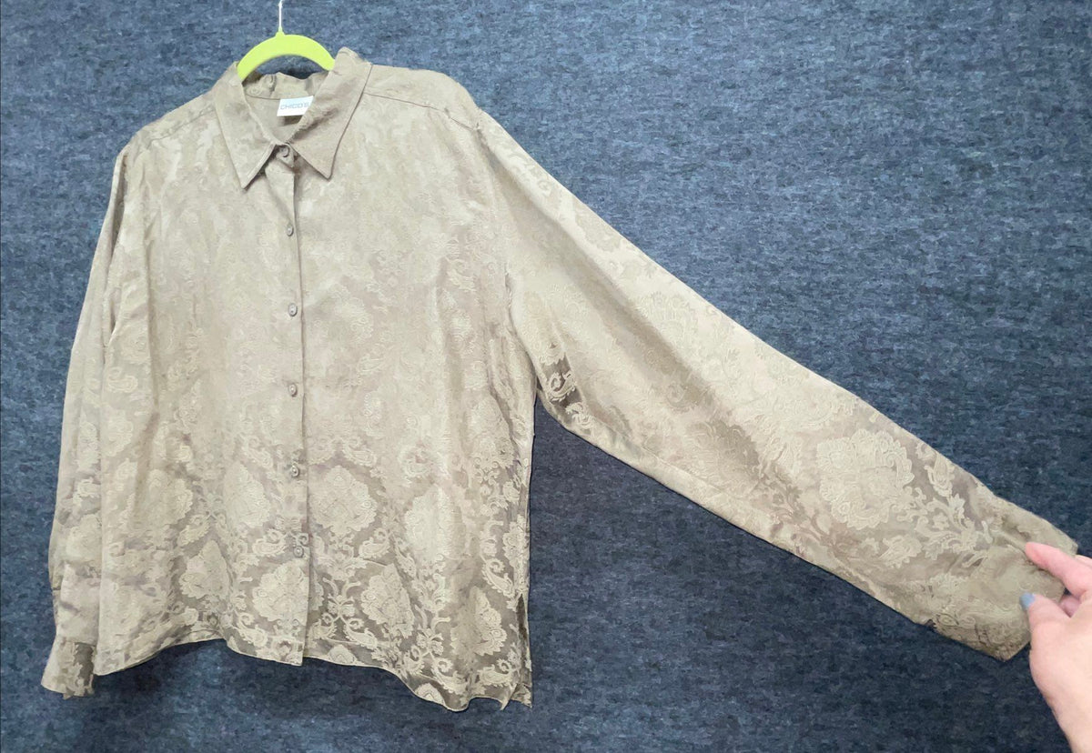 Chico's Women's Gold Damask Jacquard Silk Linen Button Up Blouse Sz 2