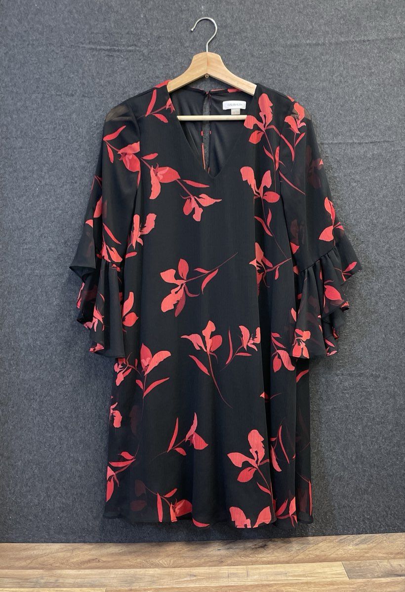 Calvin Klein Women's Black Red Floral Ruffled Bell Sleeve V-Neck Dress Sz 6