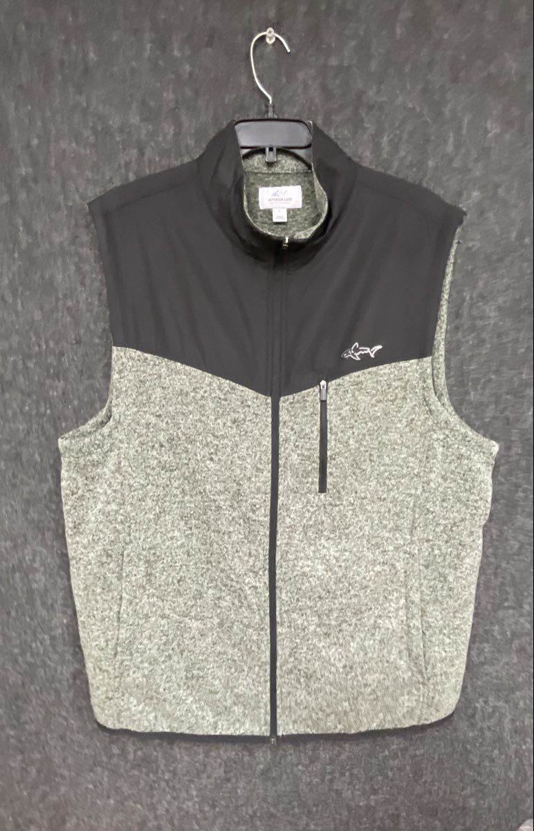 Greg Norman Attack Life Men's Gray Black Full Zip Mixed Media Shark Vest Sz L