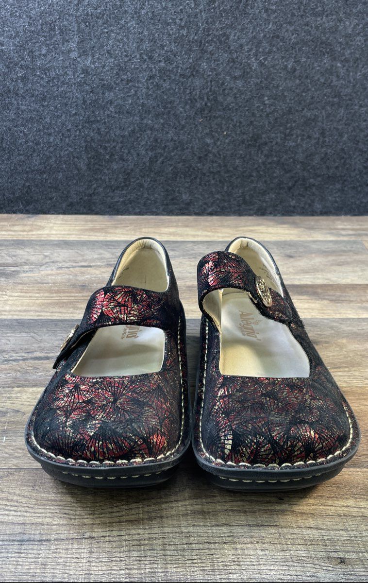 Alegria Paloma Red Black Gold Patterned Leather Mary Jane Shoes Size 38