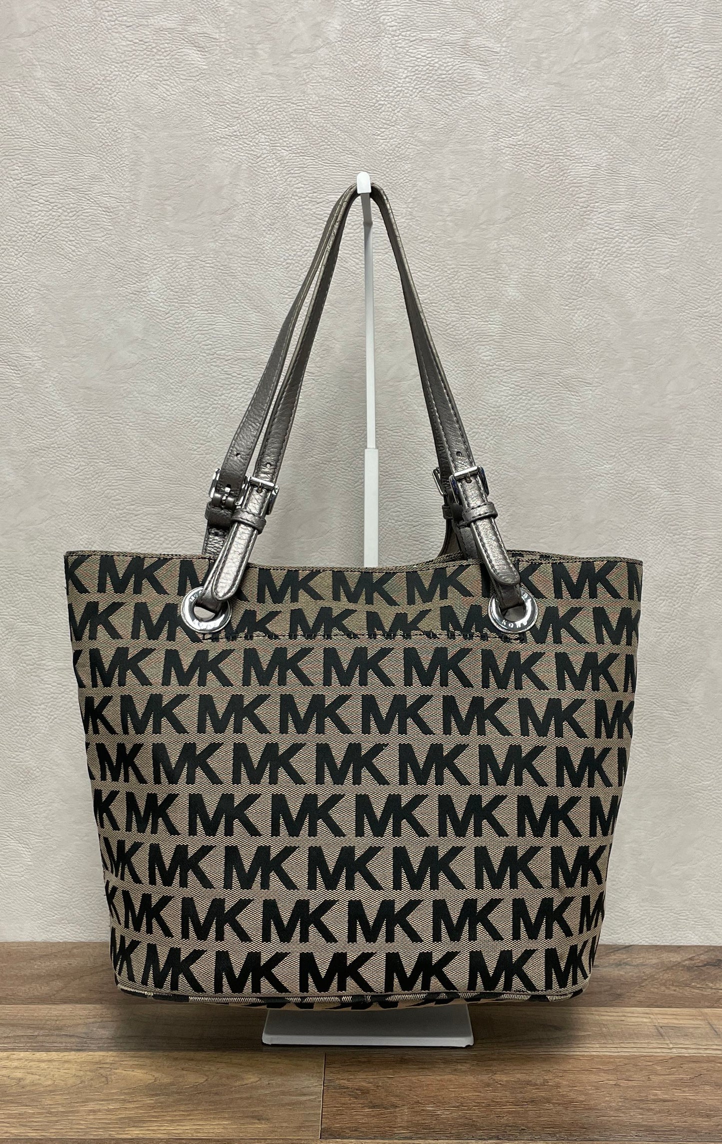 Michael Kors Black Tan MK Signature Jacquard Logo Tote Bag Silver Hardware