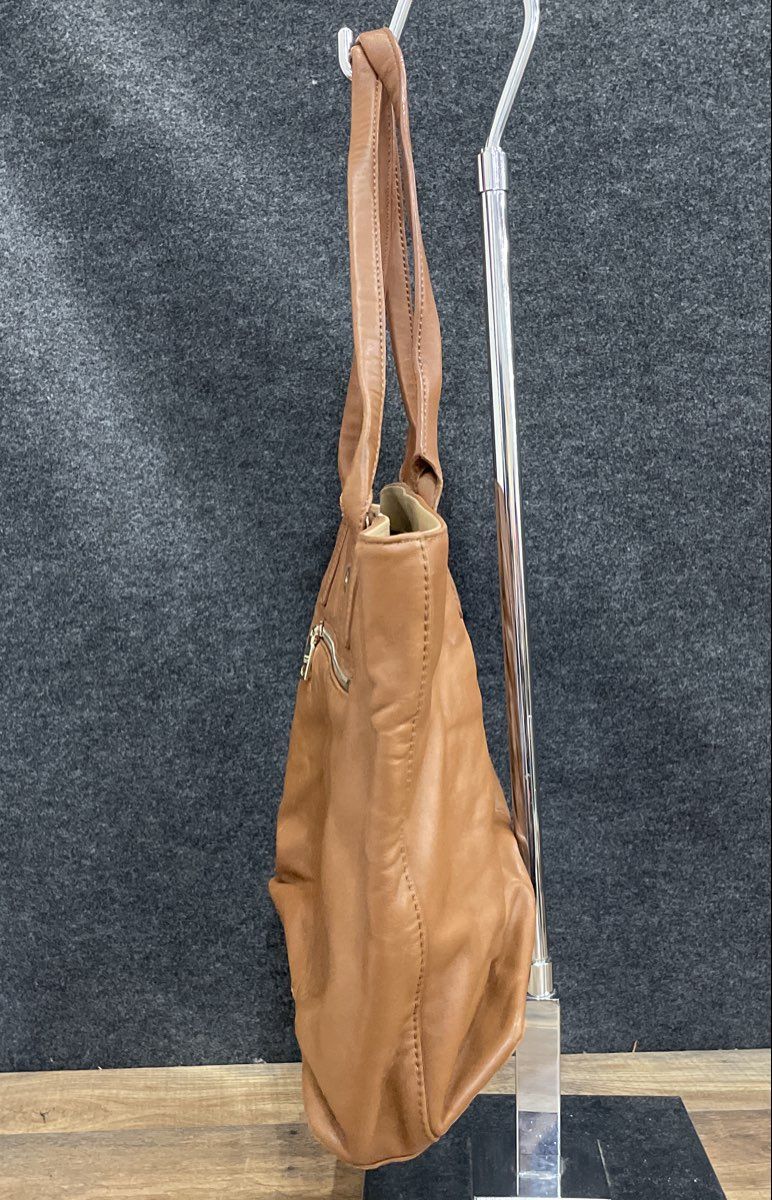 DKNY Brown Leather Large Tote Bag Silver Hardware Front Zip Pocket