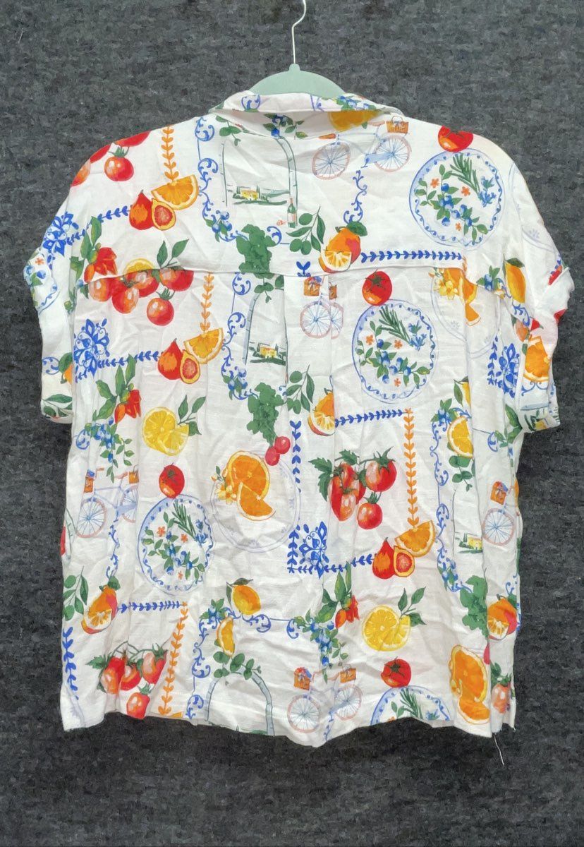 Jane + Delancey Women's Fruit Print Rayon Linen Button Down Blouse Sz L