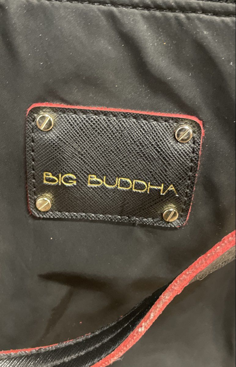 Big Buddha Black Red Trim Saffiano Texture Nylon Tote Bag Large Gold Tone