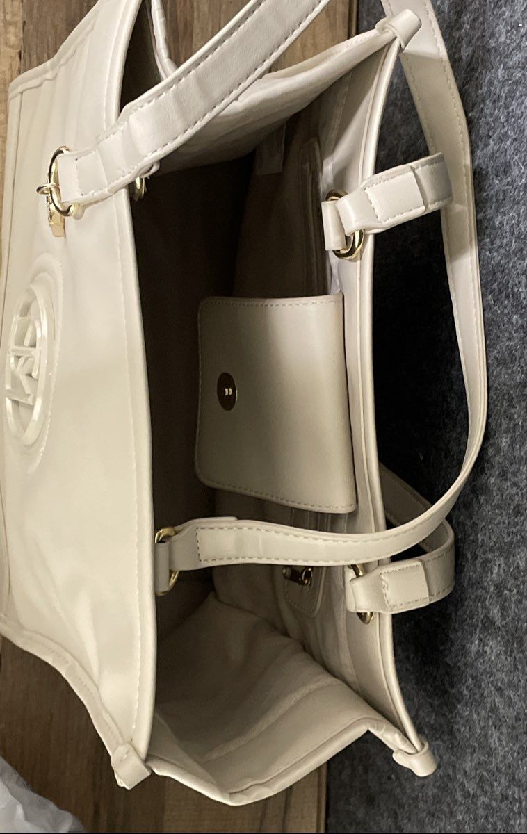 Steve Madden Beige Cream Faux Leather SM Logo Tote Bag Gold Hardware
