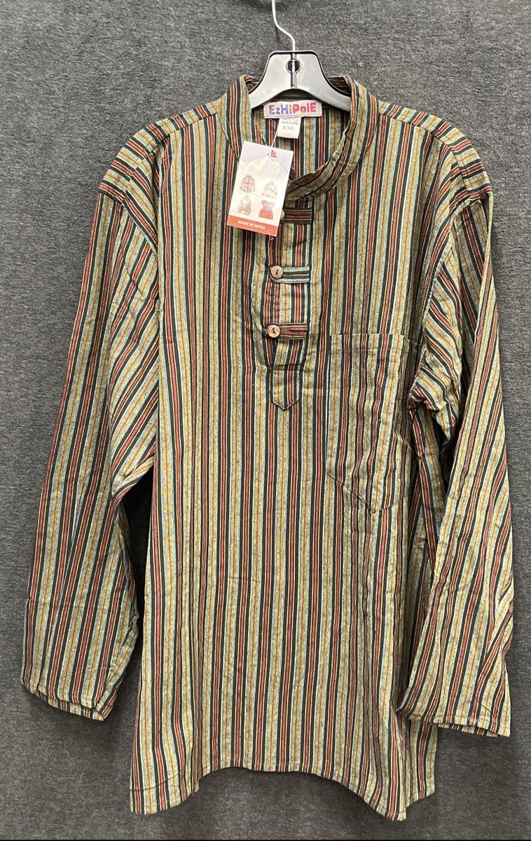 EZ Hippie Men's Multicolor Striped Cotton Kurta Henley Tunic Made in Nepal XXL