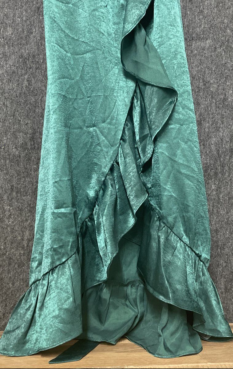Audrey Parks Women's Emerald Green Satin Ruffle Wrap Maxi Dress Sz M NWT