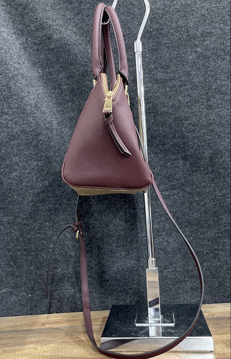Calvin Klein Cream Maroon Leather Monogram Satchel Purse Crossbody Bag Gold Tone
