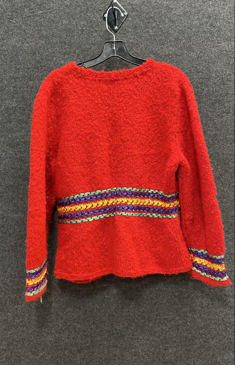 Vintage 90s Women's Red Ribbon Embroidered Boucle Knit Cardigan Sweater