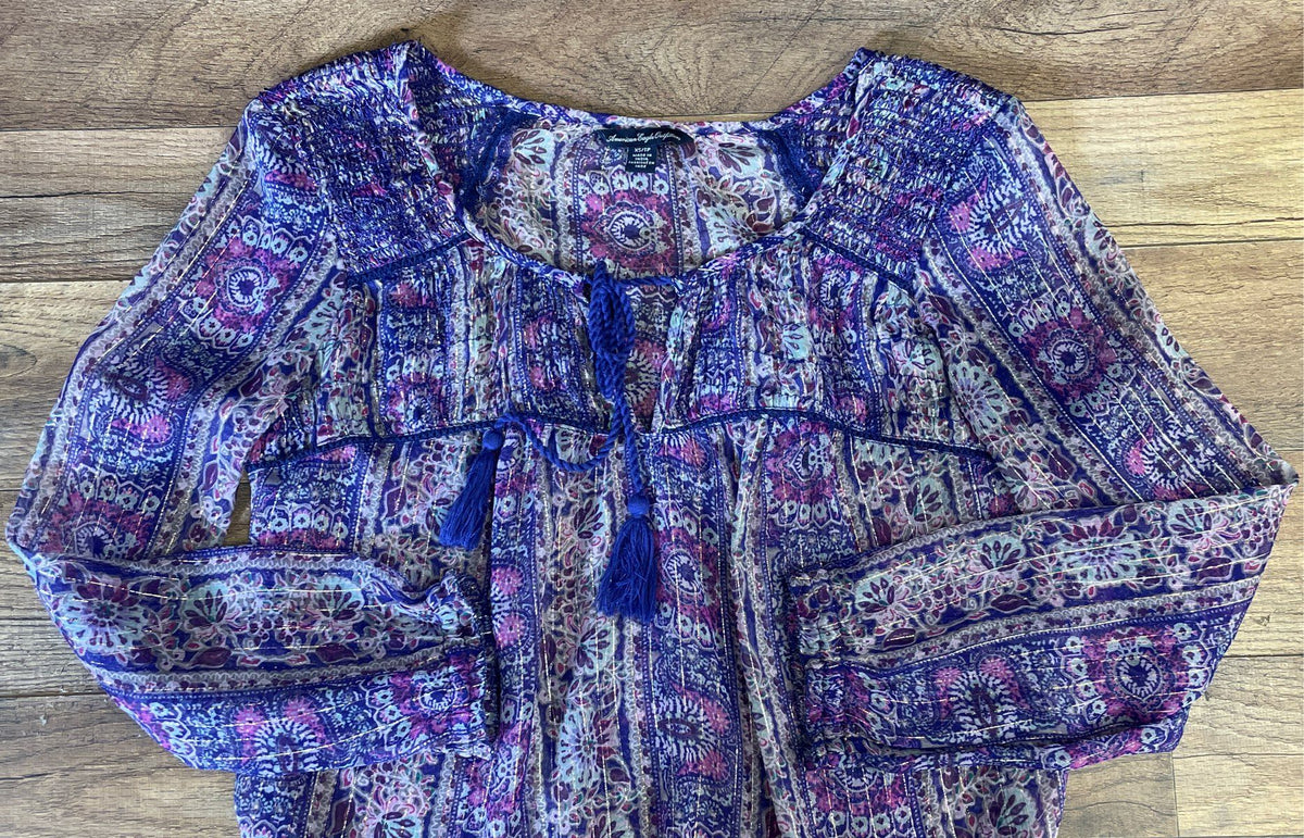 American Eagle Women's Paisley Blouse Purple Metallic Semi-Sheer Tassels Sz XS