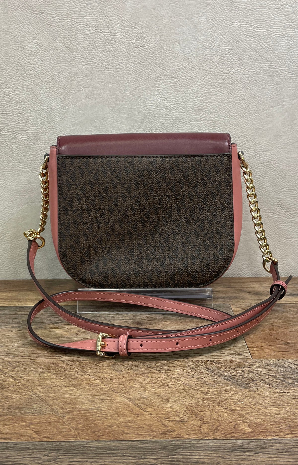 Michael Kors Maroon Brown Pink Signature Monogram Leather Crossbody Bag