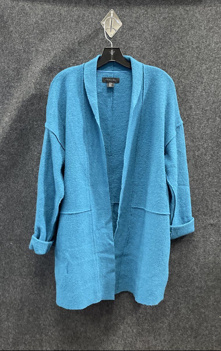 Tahari Women's Blue Open Front Cardigan Sweater Boiled Wool Look Raw Seam Sz M