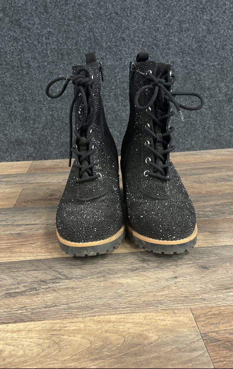 INC International Concepts Samira 2 Black Rhinestone Combat Ankle Boots Size 10M