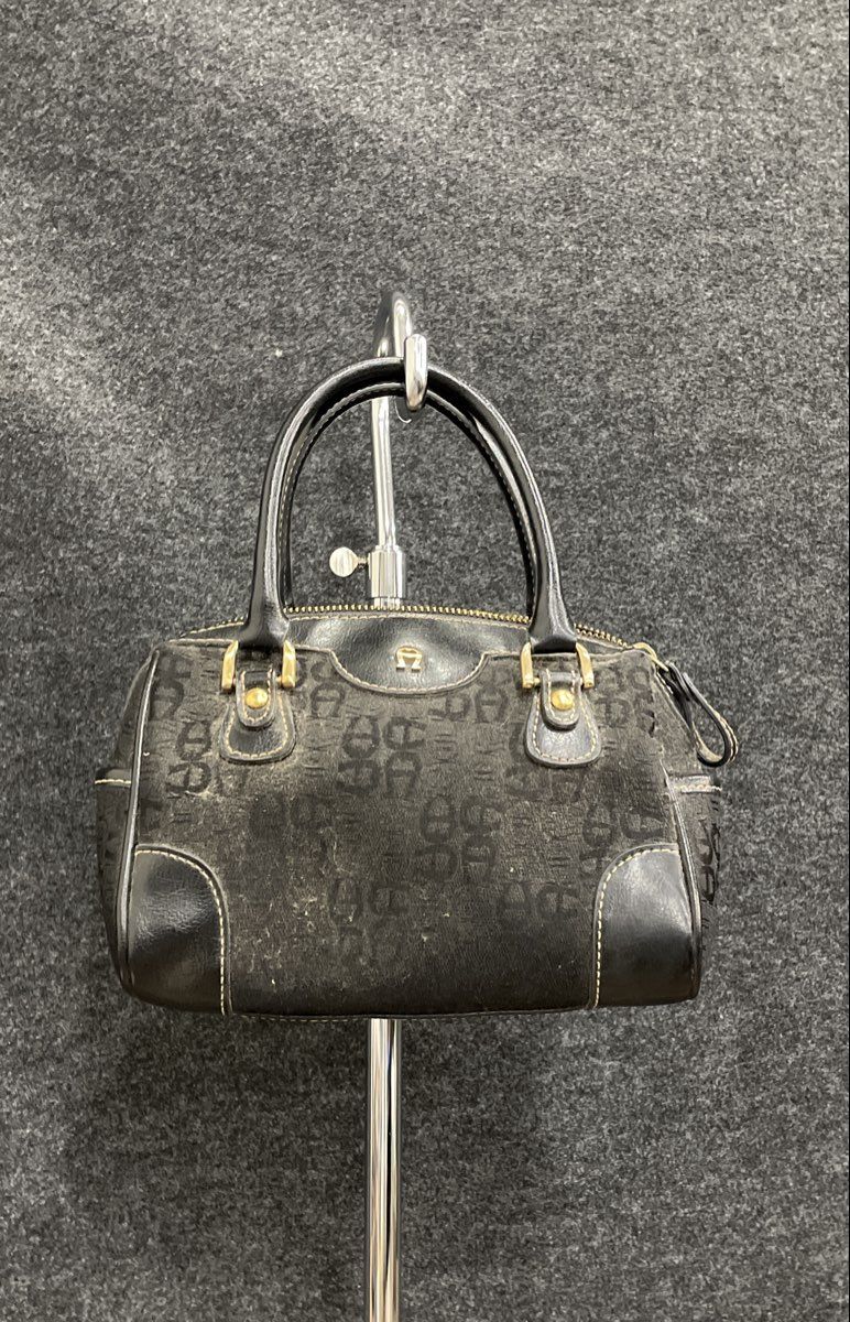 Vintage Etienne Aigner Black Monogram Canvas Leather Mini Top Handle Bag