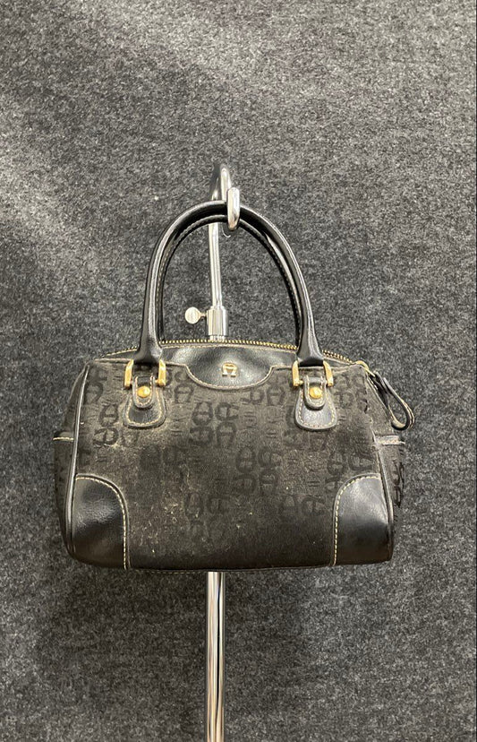 Vintage Etienne Aigner Black Monogram Canvas Leather Mini Top Handle Bag