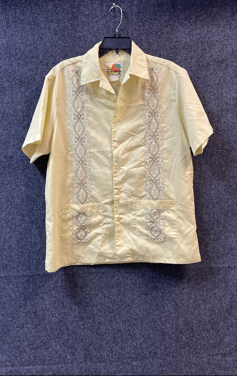 Vintage 90s Haband Men's Yellow Embroidered Guayabera Short Sleeve Shirt Sz M