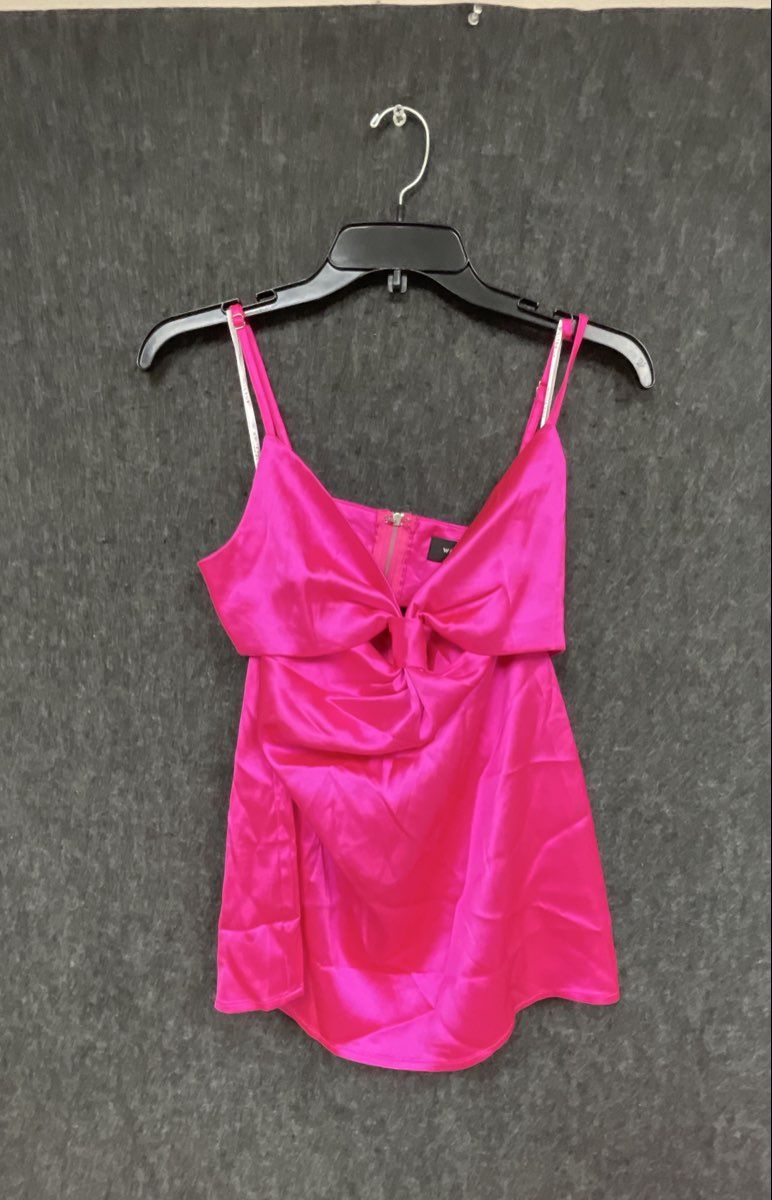 White Fox Women's Pink Satin Twist Front Cutout Mini Dress Sz M NWT