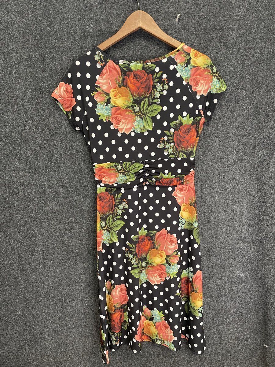 Lalamour Women's Black Polka Dot Floral Rose Short Sleeve Empire Waist Dress S