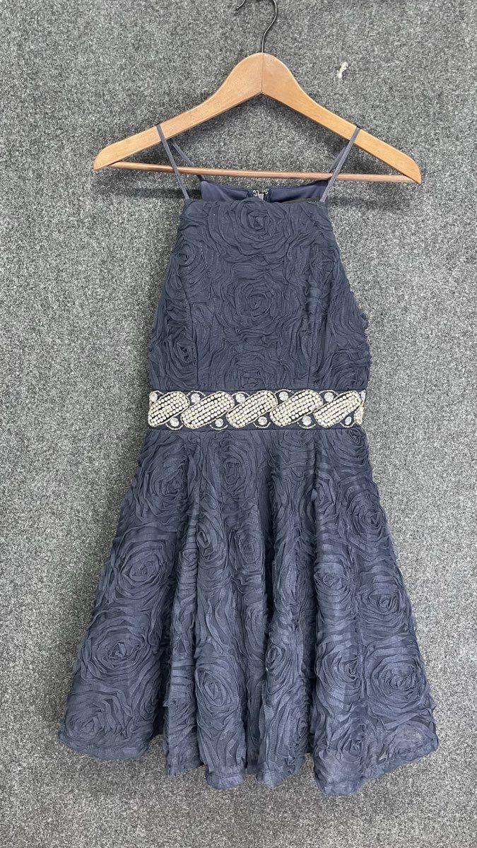 Trixxi Women's Blue Halter Fit and Flare Rosette Floral Embellished Dress Sz 7