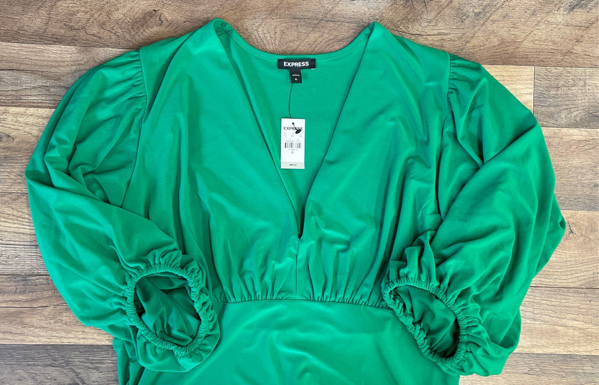 Express Women's Green V-Neck Long Puff Sleeve Ruched Cuff Bodysuit Sz XL NWT