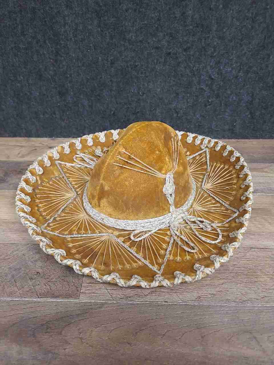 Vintage Salazar Pigalle Mexican Sombrero Charro Hat Gold Velvet Embroidered