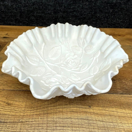 Satin Glass White Rose Pattern Ruffled Bowl 9 Inch Vintage